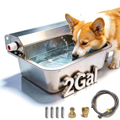 Automatic Dog Water Dispenser 2 Gallons, 304 Stainless Steel Dog Water Bowl for Indoor/Outdoor, Large Water Bowl for Pets & Livestock, Anti Tip, Wide Mouth, Water Auto Fill, Fit GHT 3/4" Faucet