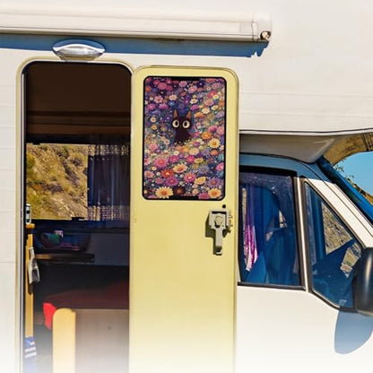 Beautiful Flower and Black Cat RV Door Windows Shade Universal V Blackout Shades Blocking Light Window Cover Anti Hot Sunproof RV Camper Trailer Accessories - color: Beautiful Flower and Black Cat