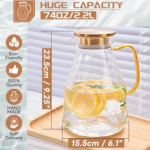 Glass Pitcher, 2.2 Liter Water Pitcher With Lid | Iced Tea Pitcher for Fridge,Carafe With Lid, Glass Water Jug For Juice, Milk, Cold Or Hot Beverages, 2.2 Liter-New - size: 74.7 Ounces