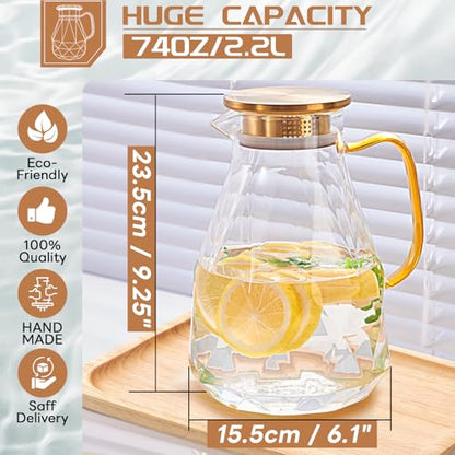 Glass Pitcher, 2.2 Liter Water Pitcher With Lid | Iced Tea Pitcher for Fridge,Carafe With Lid, Glass Water Jug For Juice, Milk, Cold Or Hot Beverages, 2.2 Liter-New - size: 74.7 Ounces