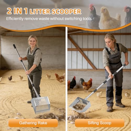 Chicken Poop Scooper & Rake 2-in-1,Stainless Steel Shovel Head Chicken Coop Scoop with 22 to 63" Adjustable Handle,Sifting Litter Shovel Scoop for Chicken Coop/Goat Stall/Stable Cleaning