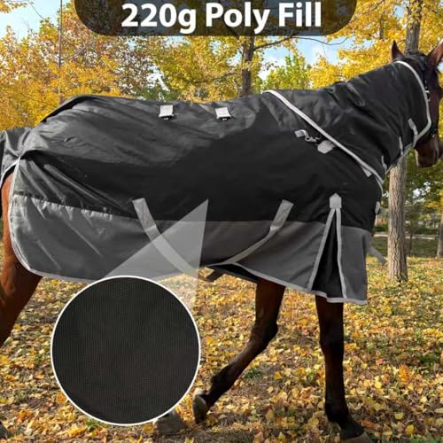 1200D Turnout Horse Blanket with Hood, Medium Weight, Black/Gray, 72 in - color: Black/Gray With Band, size: 72 IN