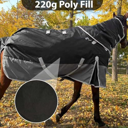 1200D Turnout Horse Blanket with Hood, Medium Weight, Black/Gray, 78IN - color: Black/Gray With Band, size: 78 IN