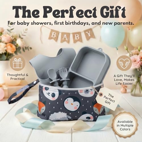 Baby Travel Feeding Set with Silicone Suction Plates, Grey Small - color: Gray