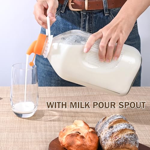 KMIGRUAN 64oz Glass Milk Bottle with Lid, 4 Pack 2QT Glass Milk Container | Half Gallon Glass Water Jugs with Handle and Airtight Reusable Lids, Refrigerator Storage Bottles for Juice or Plant Milks - style: 4Pack