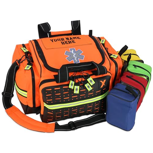 Lightning X Personalized EMT Trauma Bag – Large ALS Medical Bag with 6 Color-Coded Pouches, MOLLE Panel, Waterproof Bottom, Reflective EMS Gear, Custom Embroidered Name or Logo | LXMB35 - color: Orange
