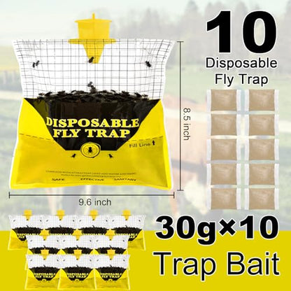 10 Pack Outdoor Fly Trap Bags Hanging - 10 * 30g Bait, Durable, Effective - size: 10 Pack