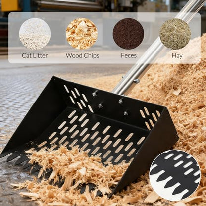 Garvee 9.8'' Chicken Poop Scooper and Rake, 2-in-1 Metal Chicken Coop Scoop with 24'' to 68.9'' Adjustable Stainless Steel Handle, Multifunctional Sifting Shovel for Coops and Small Farm Animals
