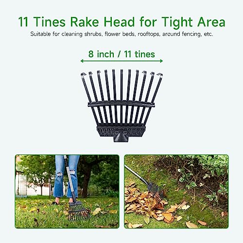 GreatBuddy Adjustable Leaf Rake, 8'' Wide Metal Rake, Perfect for Shrub, Flower Bed & Small Area, 29''- 72'' Expandable Stainless Steel Handle, Easy to Use - size: 11Tine