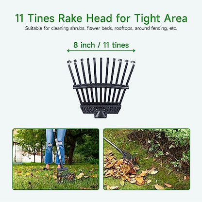 GreatBuddy Adjustable Leaf Rake, 8'' Wide Metal Rake, Perfect for Shrub, Flower Bed & Small Area, 29''- 72'' Expandable Stainless Steel Handle, Easy to Use - size: 11Tine