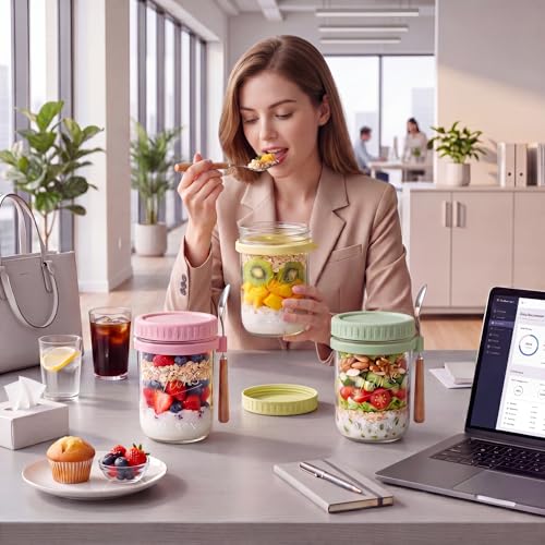 16oz Glass Overnight Oats Containers with Lids & Spoons, 6 Pack MultiColor - color: Misty Colors - 6 Pack