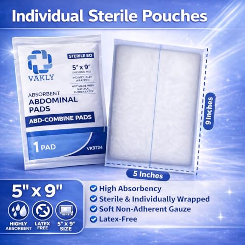 Vakly ABD Pads 5x9 Sterile – Abdominal Combine Gauze Pads, High Absorbency Non-Adherent Wound Dressing for Heavy Drainage & First Aid, Individually Wrapped