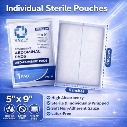 Vakly ABD Pads 5x9 Sterile – Abdominal Combine Gauze Pads, High Absorbency Non-Adherent Wound Dressing for Heavy Drainage & First Aid, Individually Wrapped