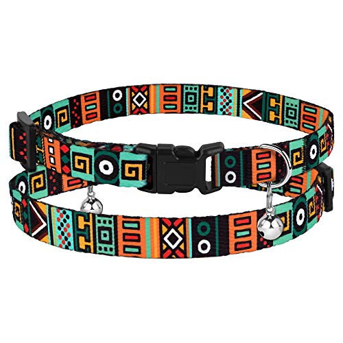 Tribal Nylon Cat Collar 2-Pack, Breakaway with Bell - color: Aztec Brown + Aztec Green