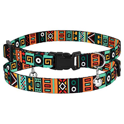 Tribal Nylon Cat Collar 2-Pack, Breakaway with Bell - color: Aztec Brown + Aztec Green