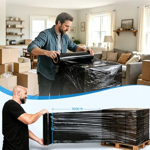 TICONN Stretch Wrap Roll, 18 in x 1000 ft Plastic Wrap for Moving Furniture | Odorless Industrial Strength Stretch Film, 300% Stretchability, Self-Adhering, Ideal for Furniture, Box Protection - style: 18''-4PK Black (No handle)