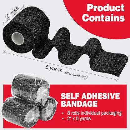 AZEN 8 Pack Self Adhesive Bandage Wrap, 2" X 5 Yards Elastic Cohesive Bandage Wrap, Black Athletic Tape, Vet Wrap, Ankle Tape, Tattoo Grip Tape Wrap - color: Black