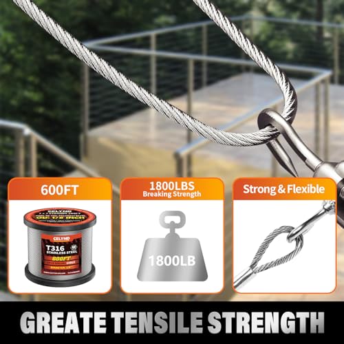 Stainless Steel Cable for Railing - 600FT 1/8" T316 Wire Rope Cable for Deck Railings System Kit - size: 600FT