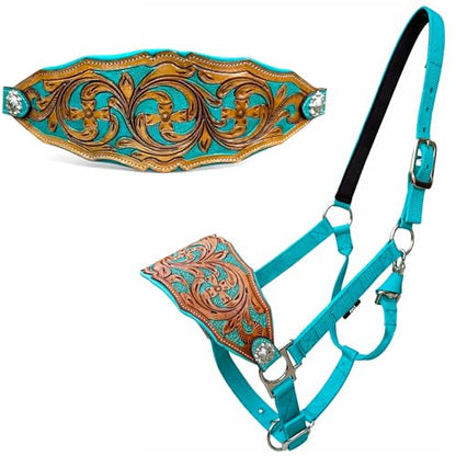 Majestic Ally Western Horse Bronc Halter, Turquoise Padded Leather Noseband, Antique Finish, Tooled Floral Design, Adjustable Nylon - style: Western Cross
