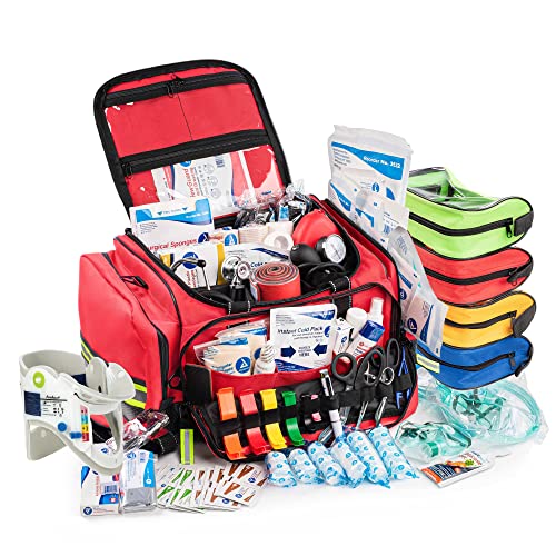 Scherber Fully-Stocked First Responder Professional Advanced EMT/EMS Trauma Kit | HSA/FSA Approved | Reflective Bag w/10+ Compartments, Zippered Pockets & 250+ First Aid Supplies (Red) - color: Red