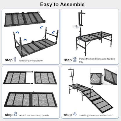 Foldable Goat Stand with Removable Ramp, 51x23" Livestock Trimming Stand with Feed Tray, Metal Goat Sheep Stand 500lbs Capacity for Trimming Shearing Milking Hoof with Adjustable Headpiece & Height