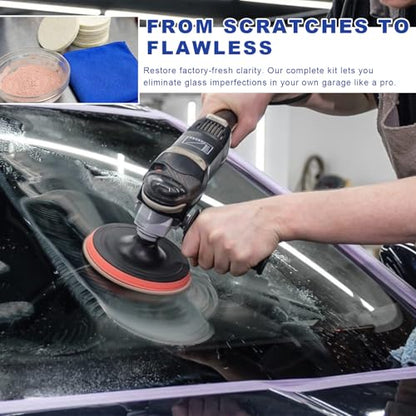 Glass Polishing Kit, Car Windshield Scratch Remover Polish Pads Kit with 100g Cerium Oxide Powder, Universal Wool Polishing Wheel Set for Auto Glass Window Windscreen
