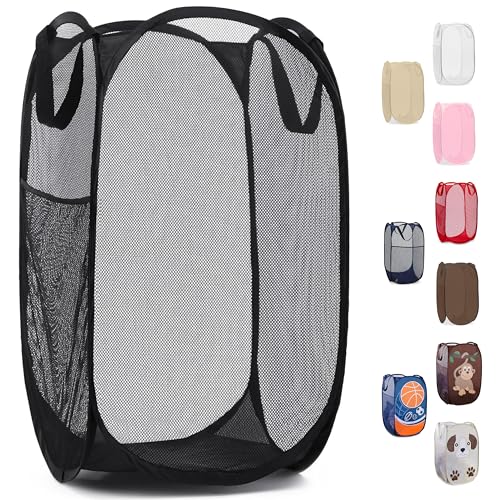 Handy Laundry Collapsible Mesh Pop-Up Hamper with Side Pocket - color: Black, 1-PACK