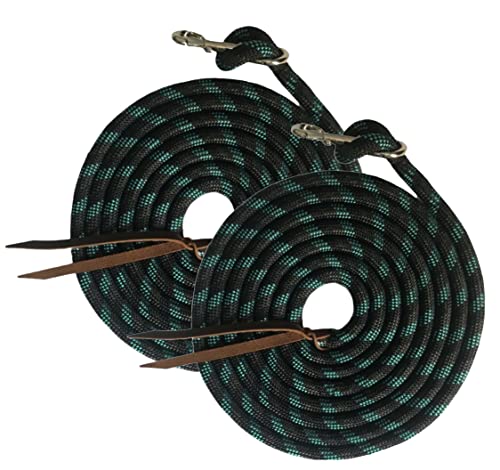 Majestic Ally 14' Pack of 2 Poly Training Lead Rope with Leather Popper for Horses & Livestock – 14 Foot Long and 5/8 inch Thick - Replaceable Heavy-Duty Bolt Snap (Turquoise-Gray-Black) - color: Turquoise-Gray-Black