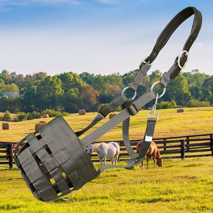 Best Friend Deluxe Leather Crown Grazing Muzzle - Horse Muzzle with Attached Halter, Adjustable, Breakaway, Lightweight, Ventilated, for Controlled Grazing - Dark Grey, Draft Horse - size: Draft