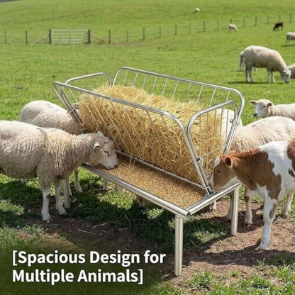 Heavy Duty Hay Rack and Grain Pan, 2 in 1 Livestock Feeder, Freestanding Farm Feeder. for Barn and Pen Feeding, Durable Galvanized Steel for Goats Sheep Calves