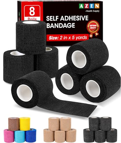 AZEN 8 Pack Self Adhesive Bandage Wrap, 2" X 5 Yards Elastic Cohesive Bandage Wrap, Black Athletic Tape, Vet Wrap, Ankle Tape, Tattoo Grip Tape Wrap - color: Black