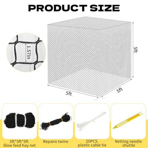 5x5 FT Heavy Duty Slow Feed Hay Net, 1.57-Inch Knotless Weatherproof Nylon Hay Net for Horses, Cattle, Goats, Sheep & Livestock, Outdoor Round Bale Feeder to Reduce Waste