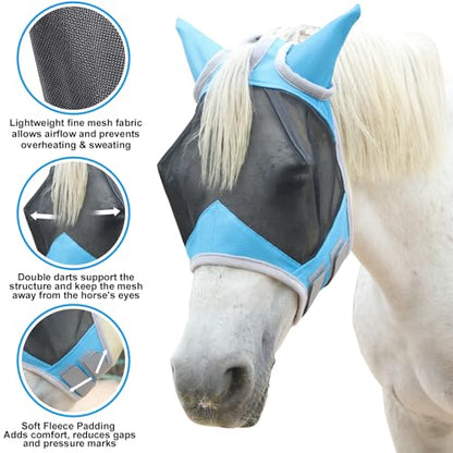 Horse Fly Mask with Ears, Breathable Fine Mesh Pale Blue Pony - color: Pale Blue, size: Pony
