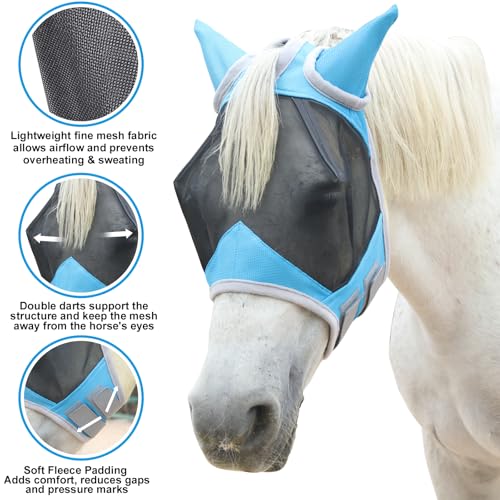 Horse Fly Mask with Ears, Breathable Fine Mesh Pale Blue Cob - color: Pale Blue, size: Cob