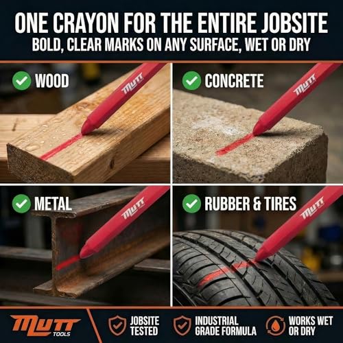 Mutt Tools Red Lumber Crayons 12 Pack - Construction Crayon | Red, 12 Pack, Wax Formula, Hexagonal Grip, High Visibility - color: Red