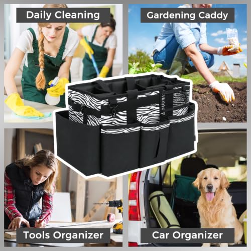 SCAVATA Wearable Cleaning Caddy, Cleaning Caddy Supplies Organizer with Handle & Shoulder Straps for Housekeepers, Under Sink & Car Cleaning Tool Organizers Bag with 4 Foldable Divider (ZebraStripe) - color: ZebraStripe