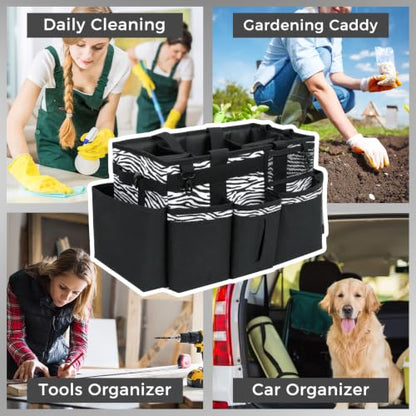 SCAVATA Wearable Cleaning Caddy, Cleaning Caddy Supplies Organizer with Handle & Shoulder Straps for Housekeepers, Under Sink & Car Cleaning Tool Organizers Bag with 4 Foldable Divider (ZebraStripe) - color: ZebraStripe