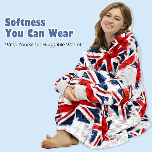 Catalonia Oversized Blanket Hoodie, Wearable Fleece Blanket Sweatshirt - color: Union Flag / Fleece