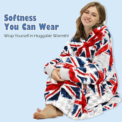Catalonia Oversized Blanket Hoodie, Wearable Fleece Blanket Sweatshirt - color: Union Flag / Fleece