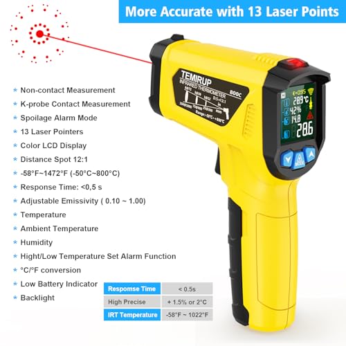 Infrared Thermometer Temperature Gun, -58°F to 1472°F, Digital Laser Thermometer Gun with Probe for Cooking, Pizza Oven, Grill & Engine, IR Thermometer Temp Gun with Adjustable Emissivity & Humidity - color: Yellow -58°F - 1472°F(-50-800℃)