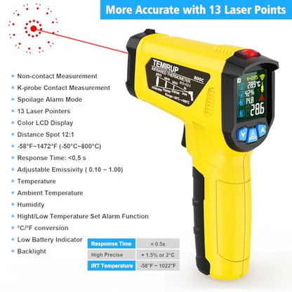 Infrared Thermometer Temperature Gun, -58°F to 1472°F, Digital Laser Thermometer Gun with Probe for Cooking, Pizza Oven, Grill & Engine, IR Thermometer Temp Gun with Adjustable Emissivity & Humidity - color: Yellow -58°F - 1472°F(-50-800℃)