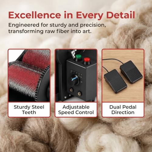 Electric Wool Carding Machine, Wool Felt Drum Carder, with Brush & Awl, Foot Pedal, Remove Fiber Impurities, Fast Color Mixing Wool Blending Wheel, for Fluffy, Plush Crafts