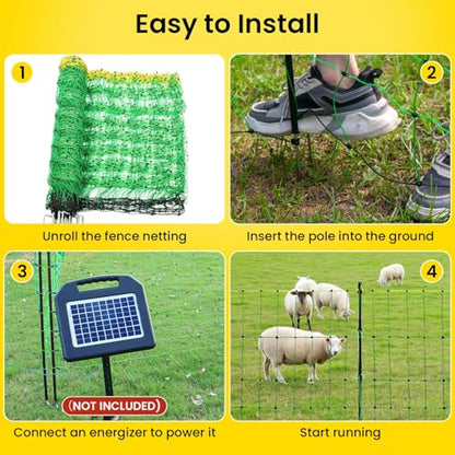 Electric Fence Netting, 42.6" H x 164'L Electric Anti-Predator Poultry Fence, PE Net Fencing Kit with 14 Posts Double Spiked, Movable Livestock Nets for Sheep, Hogs, Cattle and Other Big Poultry