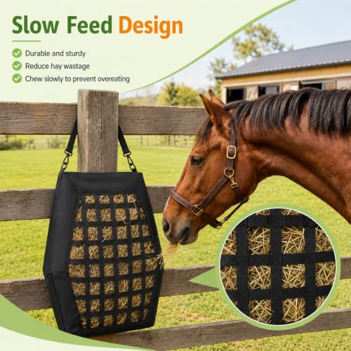 Hay Bags for Horses Slow Feed, 35L Large Capacity Hay Feeder with Zipper Design for Easy Filling, 1680D Heavy Duty Slow Flow Hay Net for Stable Pasture Trailer Ground Feeding, Hanging and Clean Eating