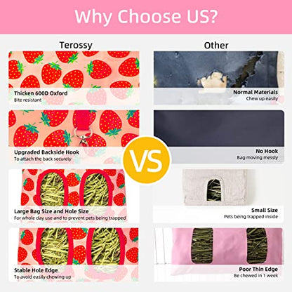 2Packs Large Rabbit Hay Feeder Bag, Upgraded Guinea Pig Hay Feeder with 3 Hooks, Chew Proof Washable Hay Bag for Rabbits Bunny Chinchilla Hamster, Mess Free Grass Holder 2 Holes, 9.8x11.4 Inch - color: Strawberry+Strawberry
