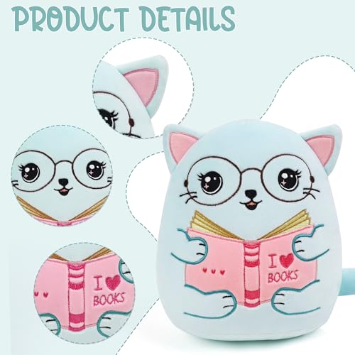 Cute Cat Stuffed Animal: 8 Inch Blue Cat Book Lover Gifts Soft Reading Buddies Plush Toy, Plushie Pillow Gifts for Kids Girls Boys, Bookworm Classroom Decor - style: Book Lover Cat