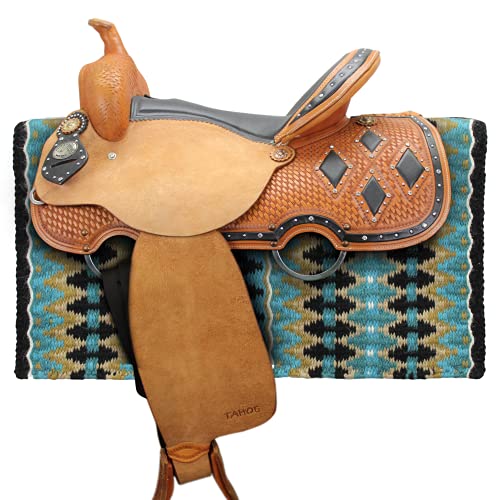 Tahoe Tack Reya Western Show Saddle Blanket – Handwoven 100% New Zealand Wool, Oversized 34" x 38", Heavyweight 5+ lbs, Vibrant Design, Ideal for Layering at Shows, Parades & Rodeos - color: Turquoise/Black/Blue/Silver/White