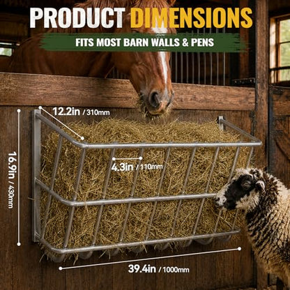 25 Gallon Wall Mount Hay Feeder, Metal Hay Rack for Goats and Horses | Galvanized steel, livestock feeding rack, barn stall feed holder, space-saving, rounded edges, easy install