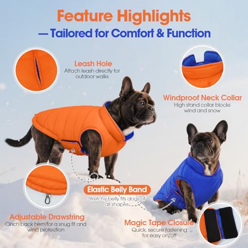 QBLEEV Reversible Dog Jacket, Windproof Dog Coat, Lightweight Puffer Vest - color: Orange-Navy, size: Large