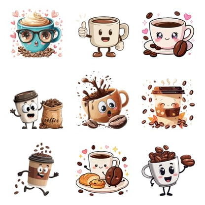 arricraft 9 Sheets Fun and Cute Coffee Iron on Decals Patches, Anthropomorphic Coffee Love Glasses Coffee Beans Transfer Stickers PET Washable Patches for DIY Clothes Decor, 8.66 inch(22cm) Long - style: Fun and Cute Coffee Theme